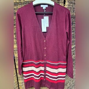 Liz Claiborne Maroon Cardigan Sweater with Bold Stripes- New with‎ tags- XLarge